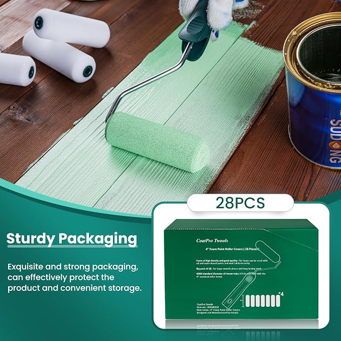 4 Inch Foam Paint Roller Covers 28 Pack | Small Paint Roller Kit, High Density Foam Paint Roller Covers, Mini Paint Rollers for Painting Walls, Home Painting Supplies