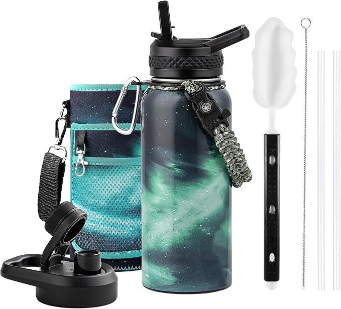 RAYMYLO Insulated Water Bottle 32 oz, Triple Wall Vacuum Stainless Steel | (Cold for 24Hrs, Hot for 12Hrs), Leak Proof & Non-BPA, Modern Water Flask Jug with Paracord Handle & Straw Spout Lids