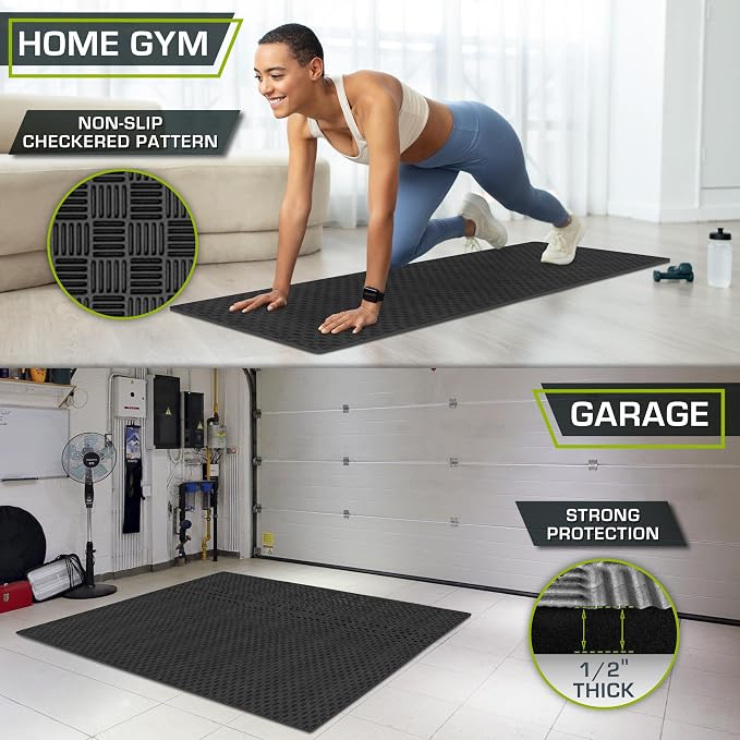 ProsourceFit Exercise Puzzle Mat ½-inch, Checkered EVA Foam Floor Tiles w/Non-Slip Texture, Interlocking Design for Adjustable Gym Surfaces, Shock Absorbing, Black, 24 Sq Ft - 6 Tiles
