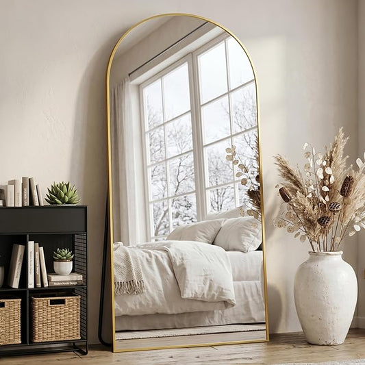 76"x34" Arched Full Length Mirror with Stand, Free Standing Leaning Wall Mounted Aluminum Alloy Frame Mirror for Bedroom Living Room Cloakroom, Gold