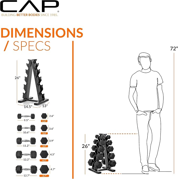 CAP Rubber Coated Hex Dumbbell Set with Storage Rack | 100–210 lb Options, Space-Saving Vertical Compact Storage for Home Gym Strength Training