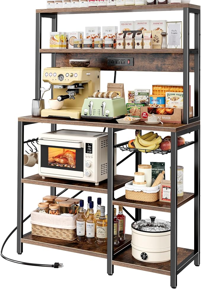 SUPERJARE Bakers Rack with Power Outlet, 35.4 Inches Coffee Bar with Basket | Kitchen Microwave Stand with 13 S-Shaped Hooks, Open Storage Shelves, Rustic Brown