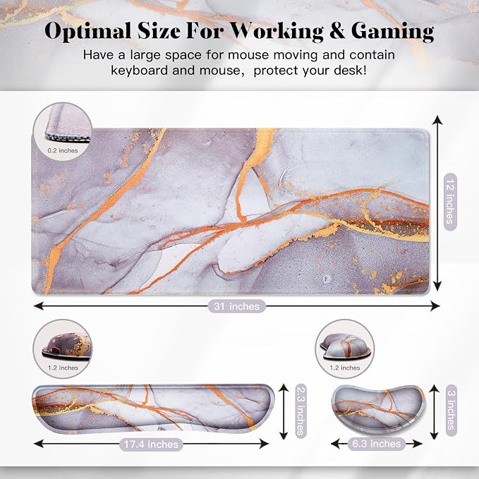 Gimars 4 in 1 Mouse Pad and Keyboard Wrist Rest Set, Large Mouse Pad with Memory Foam Wrist Support Pad for Desk with Coaster, Easy Typing Pain Relief, Gaming Office Home, 31.5x12 inch, Gray Golden