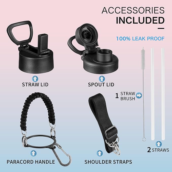 KXIAOCHEN Insulated Water Bottle with Strap, 48-Hour Cold, 2 Lids | Triple-wall insulation, lead-free 18/8 Stainless steel, paracord handle, carabiner clip, for gym, hiking, camping and travel