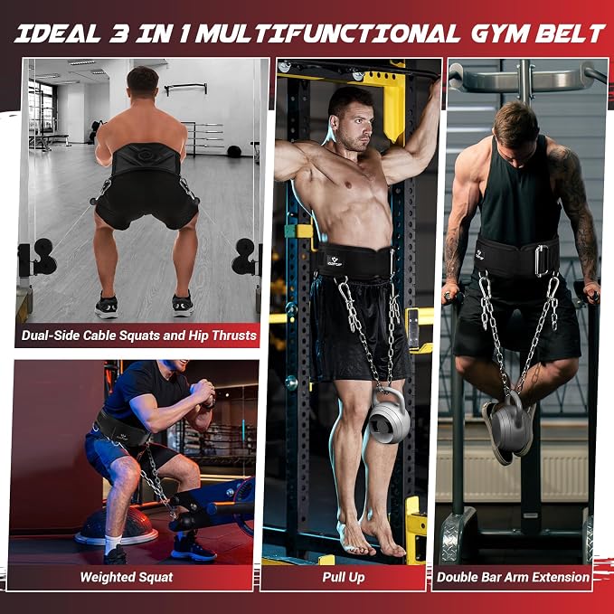 3-in-1 Weighted Pull Up Belt, Weight Lifting Dip Belt with 40.6 IN Chain & Self Locking, Weighted Gym Belt for Pull Up, Squat, Powerlifting & Deadlift, Capacity Up to 350 LBS