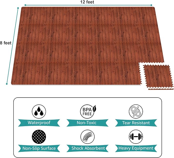 Sorbus Wood Grain Floor Tiles Foam Mat EVA Interlocking Mats Tile 3/8-Inch Thick Flooring Wood Puzzle Exercise Mats w/Borders - Home Playroom Basement, Apartment, Trade Show, Baby, Dance