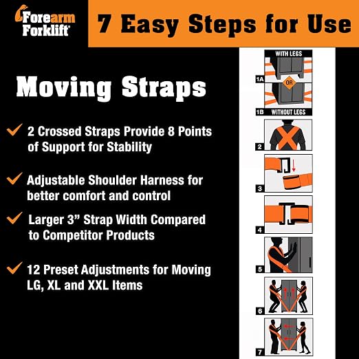 Forearm Forklift Shoulder Harness – Standard - Lift and Move Furniture, appliances, Supports up to 800 lb. Moving Harness Set, 2 Harnesses and 2 Center Straps that are ea 9’4” Long, 1 Pack, Orange