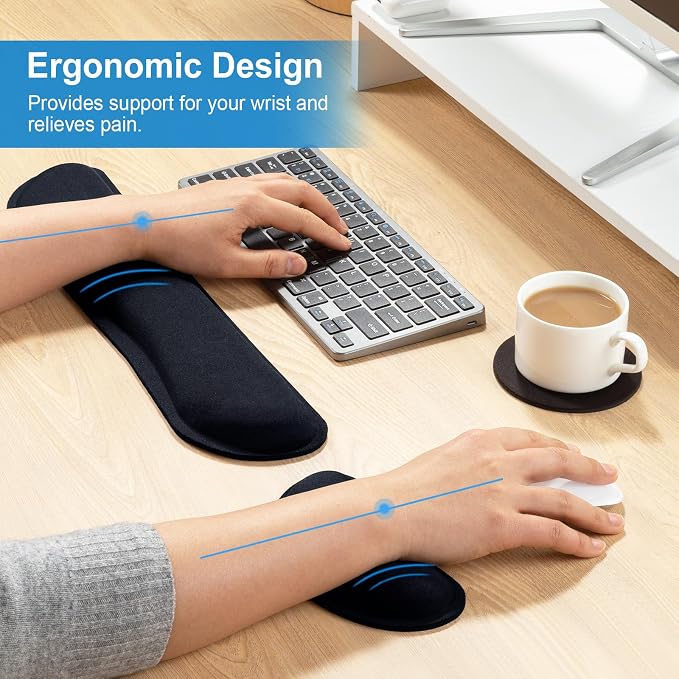 Leolee Gel Memory Foam Keyboard Wrist Rest, Black 5 in 1 Wrist Rest Set | for Computer Keyboard and Mouse, Ergonomic Wrist Support with Non-Slip Base for Pain Relief, Typing, Gaming, Office