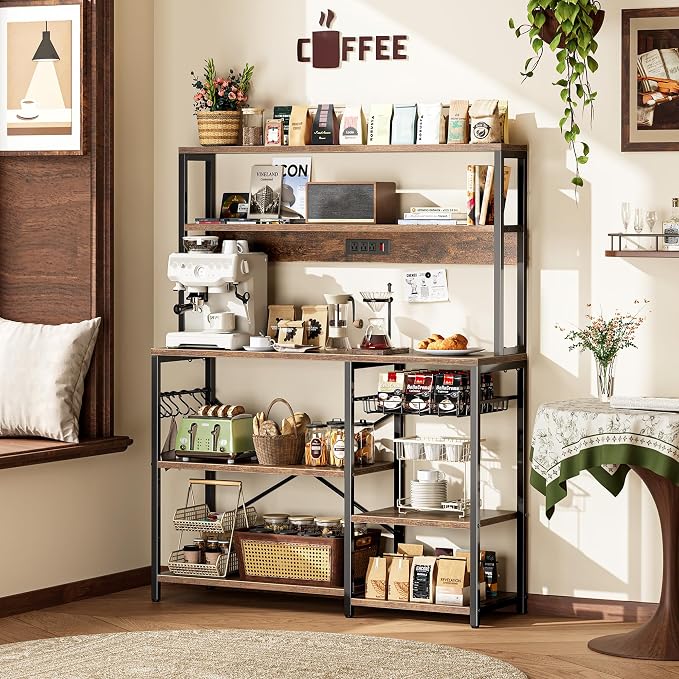 SUPERJARE Bakers Rack with Power Outlet, 47.2 Inches Coffee Bar with 3 Level-Adjustable Open Shelves, Wire Basket, Kitchen Microwave Stand with 6 S-Shaped Hooks, Rustic Brown