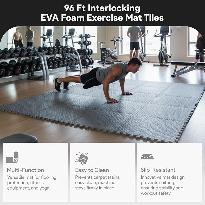 BalanceFrom Puzzle Exercise Mat 3/4" Thick, EVA Interlocking Foam Floor Tiles for Home Gym, Mat for Home Workout Equipment, Floor Padding for Kids, Gray, 24 in x 24 in x 3/4 in, 96 Sq Ft - 24 Tiles | Tiles for Home Gym, Mat for Home Workout Equipment, ...