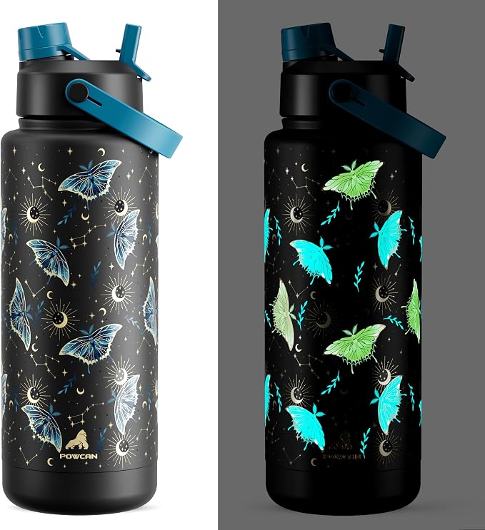POWCAN 40 oz Insulated Water Bottle with 2-in-1 Straw and Spout Lid, Glow-in-the-Dark, 24H Cold, Leakproof, BPA-Free, Double Wall Stainless Steel for Sports, Gym, Travel, and School (Gilded Flutter)