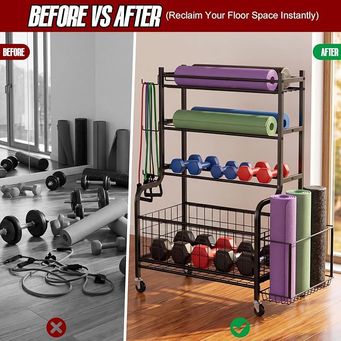 4-Tier Home Gym Storage Rack with Wheels and Hooks, Dumbbell Stand | 340 lbs 4-Tier Dumbbell Rack, Kettlebell Stand and Sports Equipment Organizer for Home Gym, Garage, Apartment