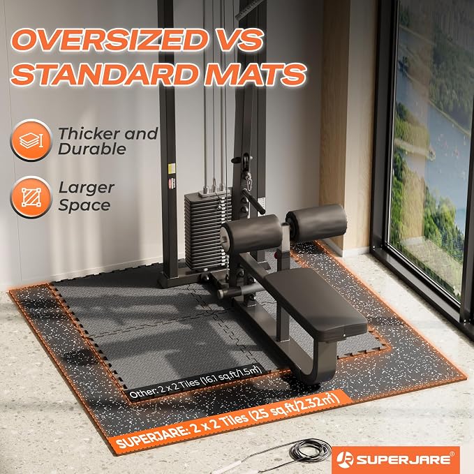 SUPERJARE 30" x 30" Larger Rubber Top Exercise Equipment Mats, 0.56" Thick 4PCS 25 Sq Ft High-Density EVA Foam Interlocking Gym Flooring, Big Workout Mat for Home Gym, Floor Protection, Black/Grey