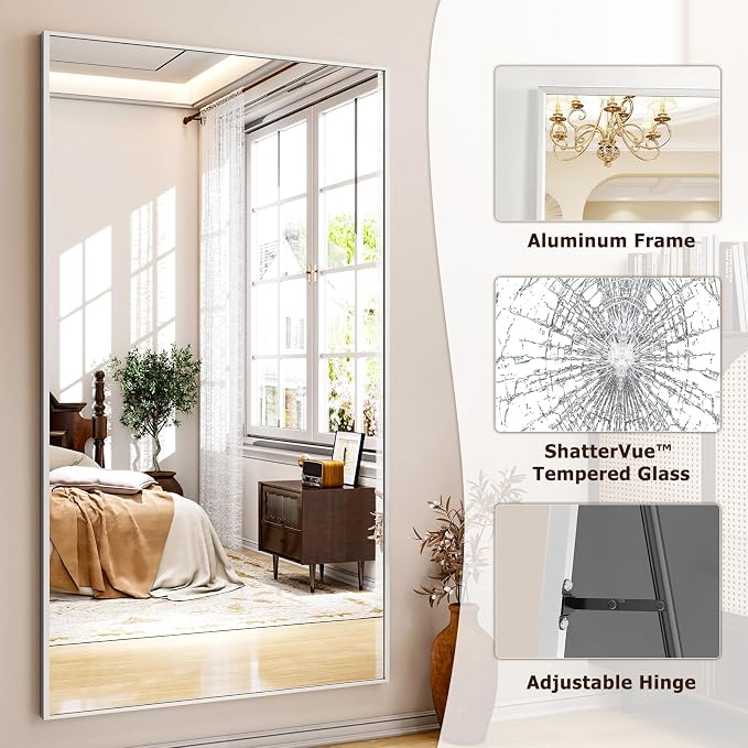 Easly Full Length Mirror with Stand - 38"x77" Full Body Mirror, Floor or Wall, Aluminum Alloy Frame for Living Room, Bedroom, Cloakroom - Silver
