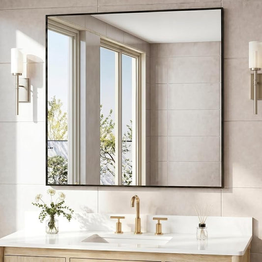 36" x 36" Large Matte Black Wall Mirror, Oversized Square Metal Framed Decor, Modern Statement Mirror for Living Room & Bathroom Vanity