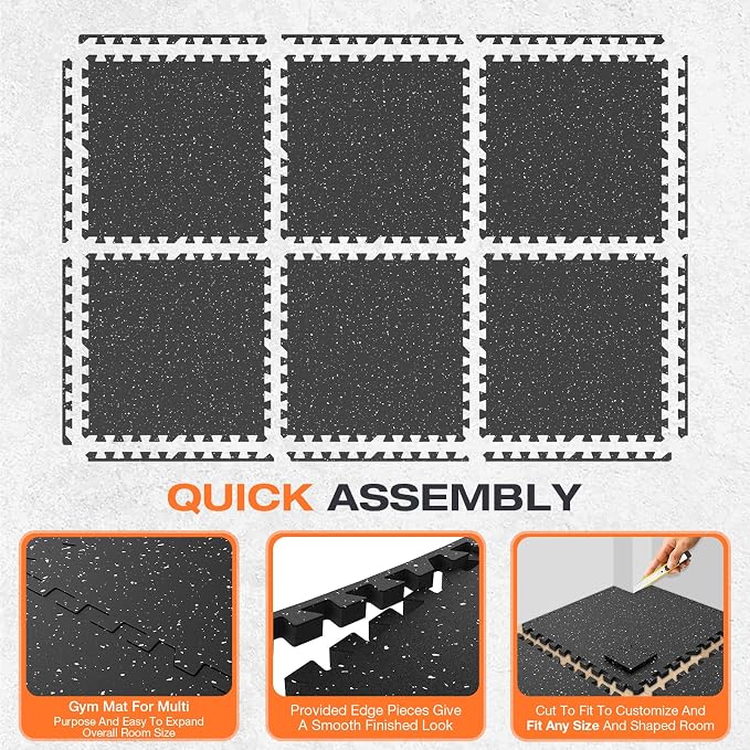 0.4'' Thick 6 Pcs 24 Sq Ft Non-Slip Rubber Top Exercise Equipment Mats, High Density EVA Foam Mats with Rubber Top, Interlocking Puzzle Gym Flooring for Home Gym, Workout Floor Mats, Black