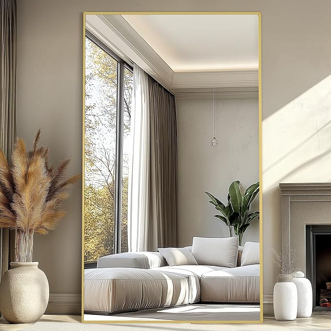 Mirrorons 76"x44" Oversized Full Length Mirror, Floor Standing or Wall Mounted with Hanging Kit, Shatterproof Tempered Glass Mirror for Living Room, Bedroom, Dressing Room, Gym (Gold)