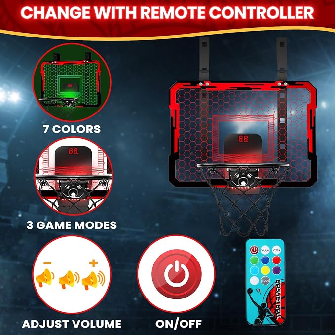 QDRAGON Mini Basketball Hoop with Scoreboard & 7 LED Lighting | Over The Door Indoor, with 3 Balls/Inflator/Breakaway Rim, Basketball Toy Gifts for Kids Adults, Suit for Bedroom/Office