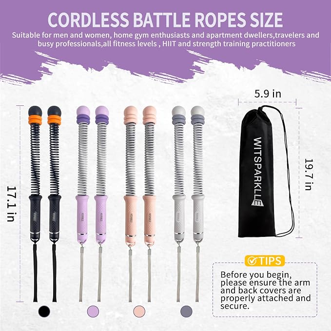 Portable Adjustable Ropeless Battle Ropes with Purple | Weighted Cordless Workout Rope with Anti-slip Handles for Low-impact Cardio, HIIT, Home Gym and Office Fitness
