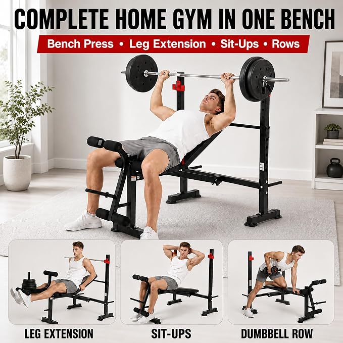 MAIDOMA Foldable 1500LBS Capacity 8 IN 1 Weight Bench Set with Leg Extension/Squat Rack/Preacher Curl, Adjustable Bench Press for Home Gym Full Body Workout (US Stock)