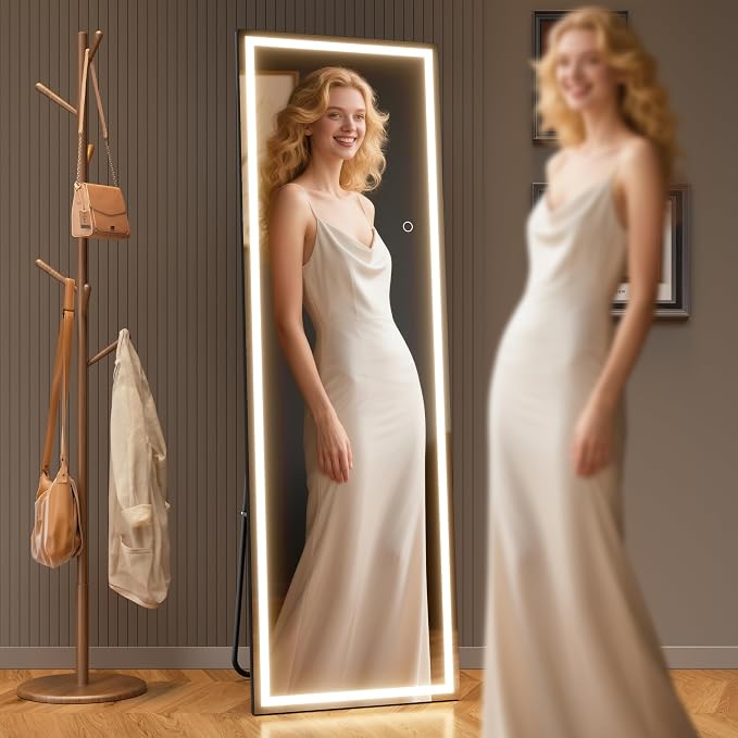 Full Length Mirror with Lights, 56" x 16" LED Lighted Floor Standing Body Mirror, Dimmable & 3 Color Lighting for Bedroom, Cloakroom, Dressing Room, Tempered Glass, Square Black