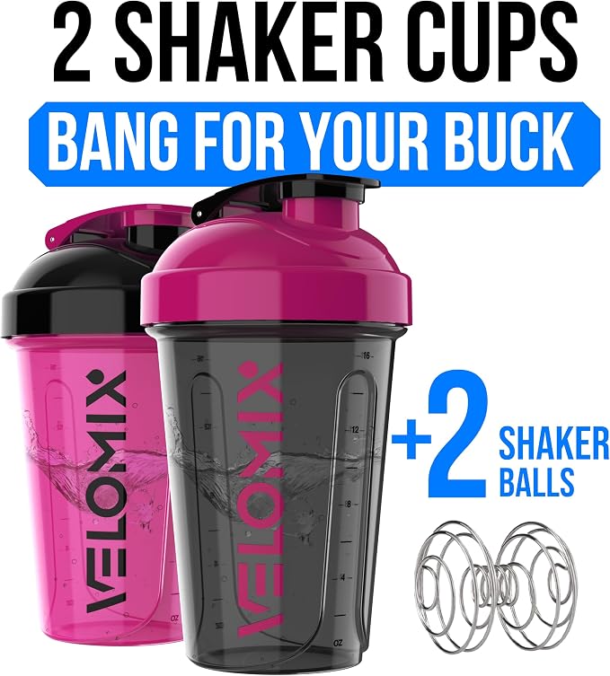 VELOMIX 2 Pack 20oz Protein Shaker Bottle for Protein Mixes, Black | 2x Wire Whisk, Leak Proof Shaker Cups for Protein Shakes, Stackable, Dishwasher safe, BPA free, Pre Workout and Fitness ready