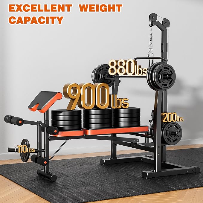 XDDIAS 9-in-1 Olympic Weight Bench Set with Lat Pulldown, Rowing, Squat Rack, Leg Extension/Curl, Preacher Pad, 900LB Adjustable Bench Press for Home Gym Weight Lifting Full-Body Workout