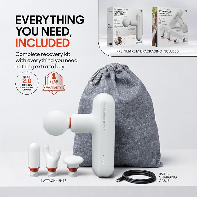 Sharper Image Powerboost Move Aero Massage Gun – Deep Tissue Percussion Massager for Muscle Recovery & Pain Relief, Portable Mini Handheld Massager for Back, Neck & Shoulders, Quiet Travel Design