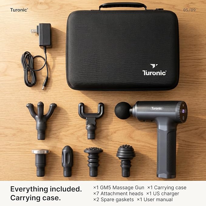 Turonic Professional Handheld Massage Gun - Deep Tissue Percussion Massager | 20 Speeds, 7 Heads, Quiet, Powerful, Portable, Cordless, Great for Athletes, Personal Use, Shoulder, Foot, Back Body, GM5