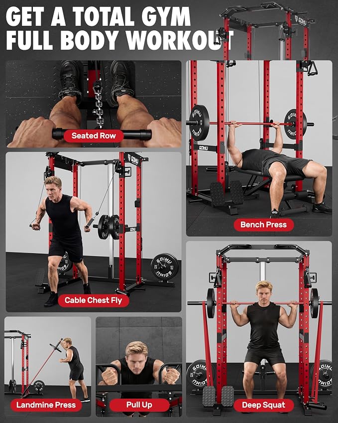 RH01 Power Cage Rack, 2000LBS Squat Rack with with Cable Crossover System&LAT Pull Down System, Multi-Function Workout Cage for Home&Garage Gym