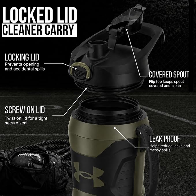 Under Armour Insulated Water Bottle with Handle & Fence Hook, Half Gallon Sports Water Jug, Leak-Resistant & BPA-Free for Baseball, Football & Gym - Marine OD Green, 64oz