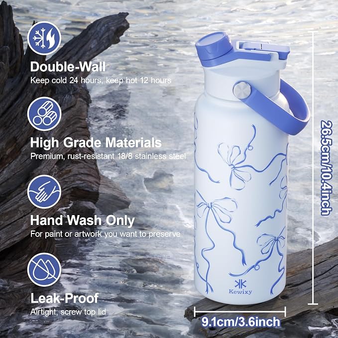 KEWIXY 32 oz Bow Water Bottle, 2-in-1 Lid, Straw & Spout with Protected, Leak Proof, Keep Cold, Stainless Steel, Metal, Reusable, Handle, for Travel, Gym and School, Breeze Blue Bow
