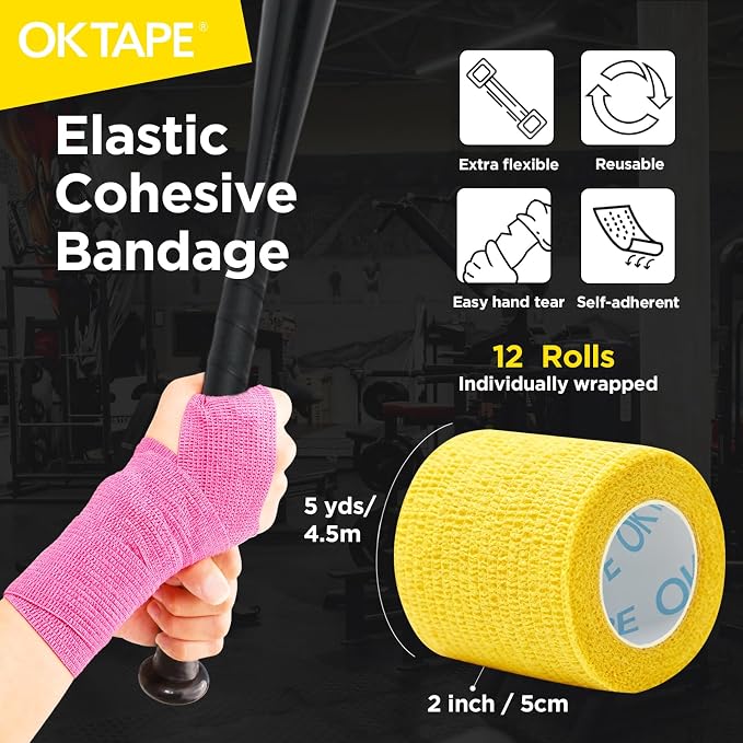 OK TAPE 12 Rolls Self Adhesive Bandage Wrap, Cohesive Elastic Athletic Tape | Vet Wrap, Sports Tape, Medical Wrap for Wrist, Feet, Self Stick Bandage Tape, 2" x 5 Yards - Mixed Color