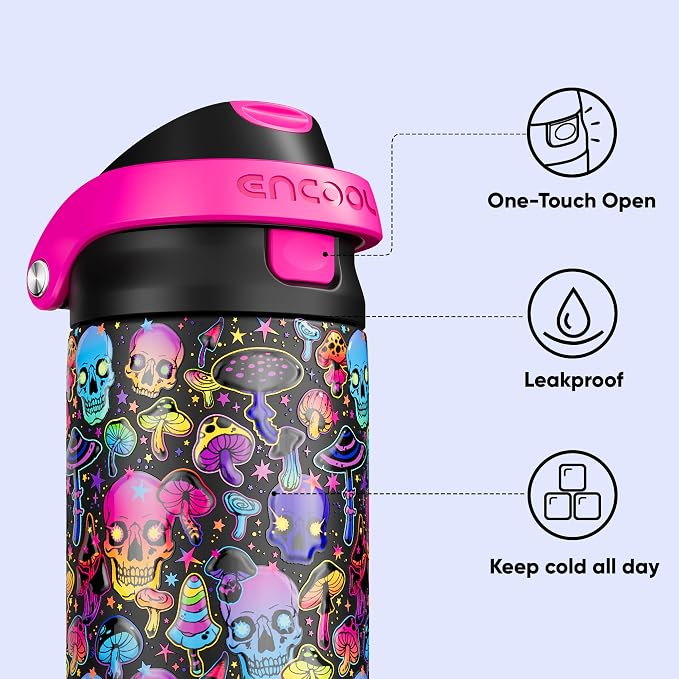 Encool SwiftSip Insulated Stainless Steel Water Bottle with Straw - Leak Proof Sports Water Bottle for School, Travel, Keeps Cold All Day, One-Touch Flip Lid, BPA-Free, 24 oz, Trippy Skulls