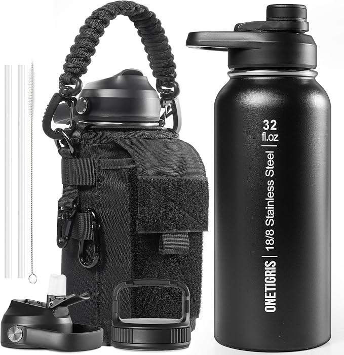 ONETIGRIS 32oz Insulated Tactical Water Bottle with Straw & MOLLE Sleeve | 3 Lids,Keeps Ice Cold 48H Hot 24H,304 Food-Grade Stainless Steel,360° Leakproof Silicone Seal,2 Straws Kit,Paracord Handle