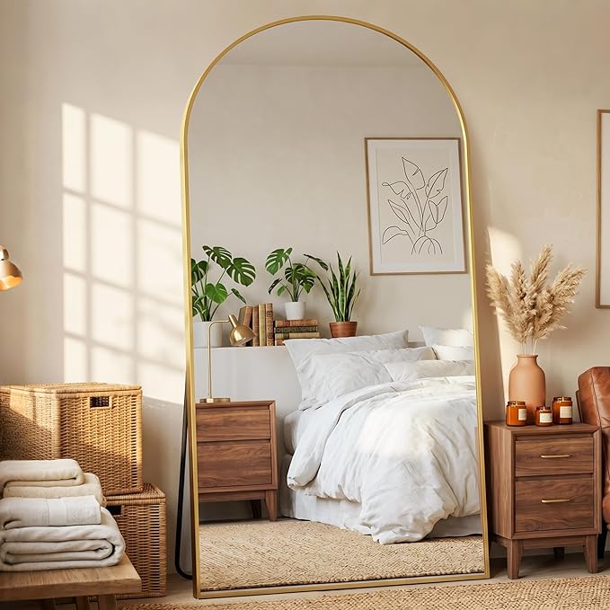 77"x38" Arched Full Length Mirror with Stand, Free Standing Leaning Wall Mounted Aluminum Alloy Frame Mirror for Bedroom Living Room Cloakroom, Gold