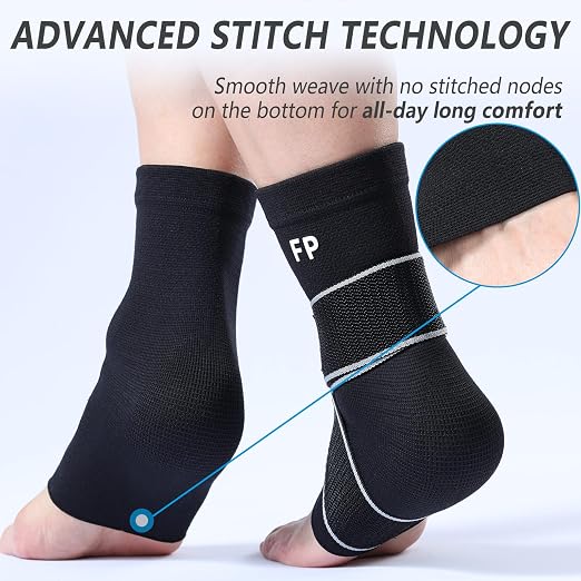 Ankle Support Brace for Women Men, 1 Pair Achilles Tendonitis Brace for Plantar Fasciitis Relief, Copper Infused Ankle Compression Sleeve with Adjustable Strap, Support for Sprained Ankle, Day&Night, Black, M