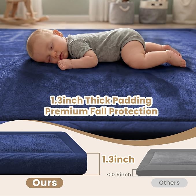 ACOMOPACK Baby Play Mat for Floor 1.3" Thick Memory Foam Play Mat 79"×118" Tummy Time Crawling with Non-slip Bottom for Living Room,Nursery,Soft Velvet Playpen Mats for Kids,Infants（Royal Blue）