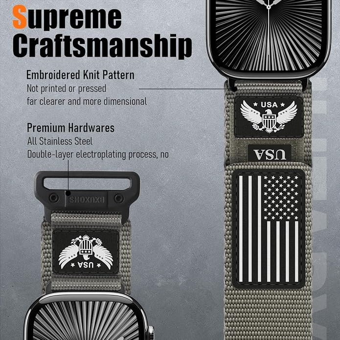 Rugged Nylon- Compatible with Apple Watch Ultra 3/ Ultra 2 Band 49mm Men,Tactical Soft Woven Stars- Stripes Flag Sport Strap for iWatch Bands 46mm 45mm 44mm 42mm Series 11 10 9 8 7 6 5 4 3 2 1 Se