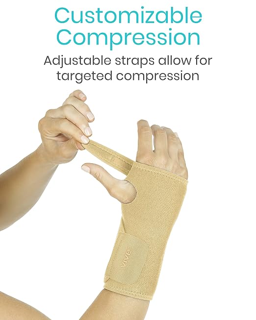 Vive Wrist Brace - Carpal Tunnel Hand Compression Support Wrap for Men | Women, Tendinitis, Bowling, Sports Injuries Pain Relief - Removable Splint - Universal Ergonomic Fit (Beige, Right)