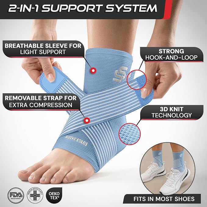 Sleeve Stars Ankle Brace for Women & Men, Ankle Wrap for Sprained Ankle, Compression Sleeve for Plantar Fasciitis Relief, Easy Customizable Support: w/Removable Strap (Single/S:9"-10"/Light Blue)