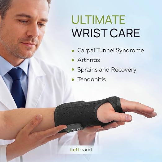 ZOFORE SPORT Carpal Tunnel Wrist Brace Support with 2 Straps and Metal Splint Stabilizer - Helps Relieve Tendinitis Arthritis Carpal Tunnel Pain - Reduces Recovery Time for Men Women - Left (L/XL)