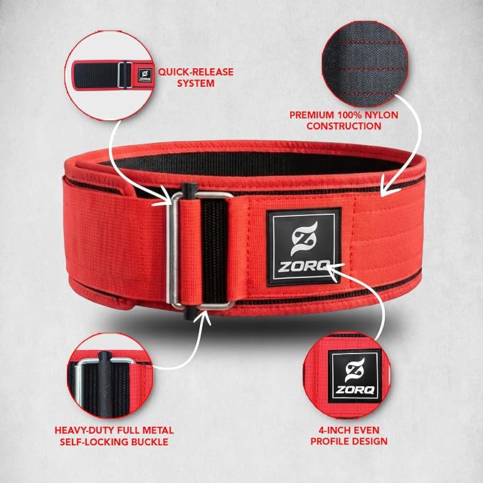 ZORQ Self-Locking Weight Lifting Belt - 4 Inch Wide Quick-Locking Gym Belt for Men & Women - Professional Weightlifting Belt for Olympic Lifting, CrossFit, Squats & Deadlifts - Back Support