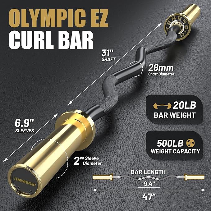 47” Solid Steel Olympic Curl Bars, 500LB | EZ and Super EZ curl bars with knurled grips, rotating sleeves, solid steel build, and 2-inch Olympic plate compatibility