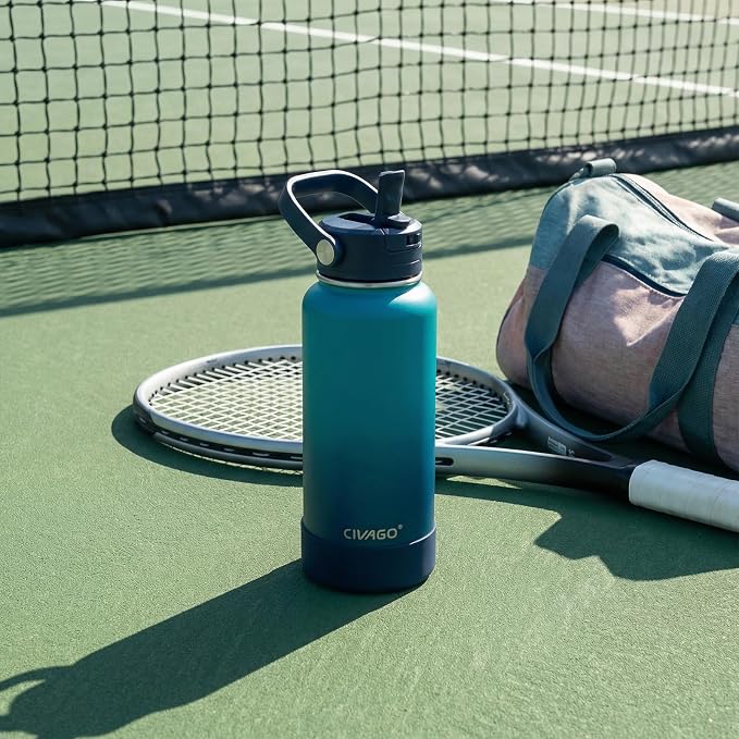 CIVAGO 32 oz Insulated Stainless Steel Water Bottle with Removable Straw | Large Leakproof Metal Water Jug, Sports Thermal Flask Cup with Bucket Handle, Silicone Boot, Dishwasher Safe, Dark Rainbow