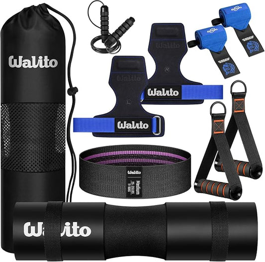 WALITO 8Pcs Barbell Pad Set for Hip Thrust - Squat Pad,Gym Accessories for Women with Bar Bad,Bench Press, with Gym Ankle Straps,Resistance Bands for Working Out,Lifting Strap,Carry Bag