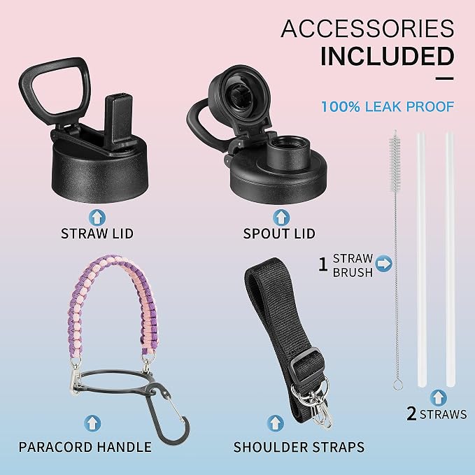 KXIAOCHEN Insulated Water Bottle with Strap, 48-Hour Cold, 2 Lids | Triple-wall insulation, lead-free 18/8 Stainless steel, paracord handle, carabiner clip, for gym, hiking, camping and travel
