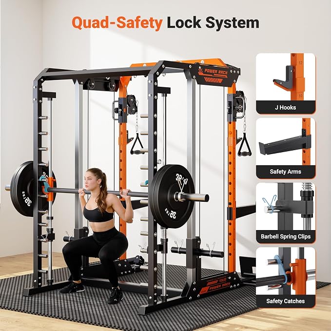 YOLEO Smith Machine & Squat Rack Combo, Multi-Functional Power Racks with Adjustable Width & Pull-Up Bar, Cable Crossover Power Cage, Independent Dual-Pulley System for Home Gym Garage Basement