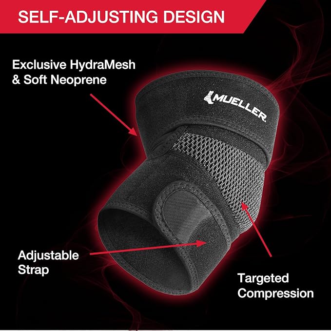 MUELLER Sports Medicine Adjustable Elbow Brace, Elbow Pain Relief Support Sleeve for Men and Women, For Tennis, Golf, Painting, Factory-Line Work, and More, Black, One Size | medical-braces-and-supports