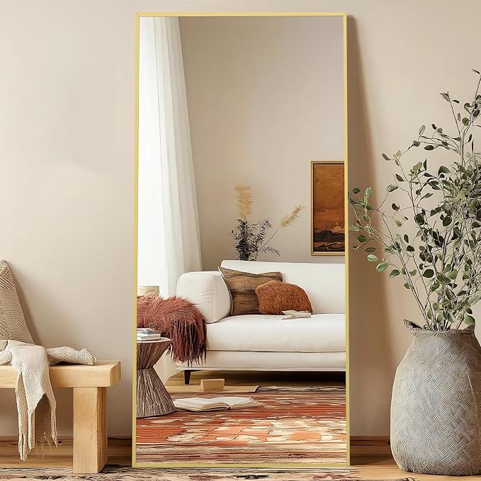 76"x34" Large Floor Mirror Full Length with Stand, Oversized Gold | Free Standing or Leaning, Wall‑Mountable, for Bedroom Living Room Home Gym, Rectangular, Tempered Glass, Aluminum Frame